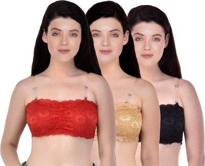 KOISA tube bra, lace bra pack of 3 free size bra red skin black 30 size Women Tube Lightly Padded Bra(Multicolor)