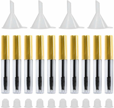 Vinayakart 10 Pcs Set - 10ml Empty Mascara Tube with 4 Funnels and 10 Rubber inserts ( Golden )(Pack of 24)