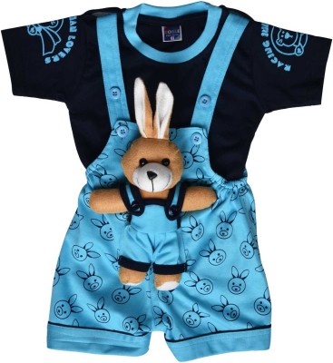 Roble Dungaree For Baby Boys & Baby Girls Casual Printed, Applique Cotton Blend(Blue, Pack of 1)