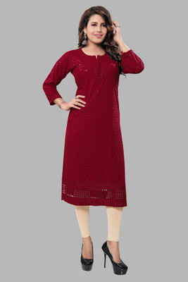Dream & Dzire Women Embroidered Straight Kurta(Maroon)
