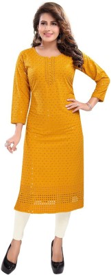 Dream Desi Women Embellished, Chikan Embroidery Straight Kurta(Yellow)