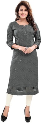 Dream & Dzire Women Chikan Embroidery Straight Kurta(Grey)