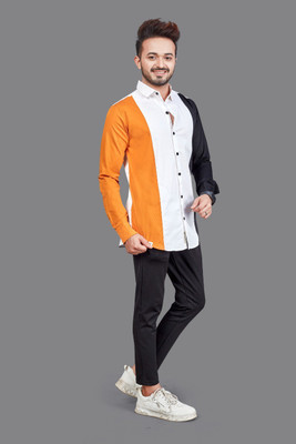 REWAA Men Color Block Casual Orange Shirt