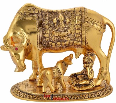 Monahandicraft Gold Plated Kamdhenu Cow,calf with Bal Gopal Krishna Metal Statue for Good Luck,Feng Shui As Table Top Figurine,Vastu,Religious Gau Mata idol Home,Office&Table Decorative Decorative Showpiece  -  10 cm(Aluminium, Gold)