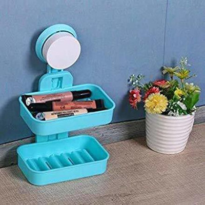 divinezon Plastic Double Layer Soap Box Suction Cup Holder Rack Bathroom Shower Soap Dish Hanging Tray Wall Holder Storage Holders (Multicolor)(Multicolor)