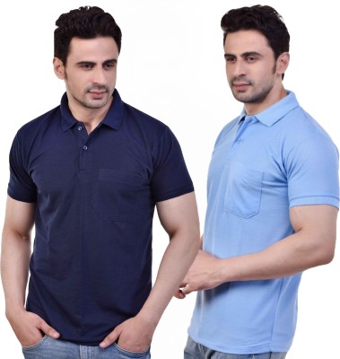 SMAN Solid Men Polo Neck Dark Blue, Light Blue T-Shirt