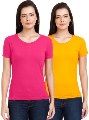 Fleximaa Solid Women Round Neck Pink, Yellow T-Shirt
