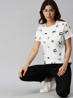JUNEBERRY Casual Short Sleeve Printed Women White Top