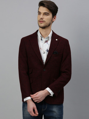 Rare Rabbit Self Design Single Breasted Casual Men Blazer(Maroon)