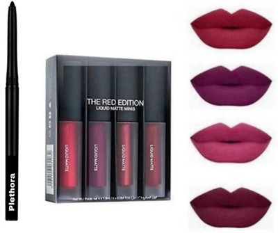 Plethora Waterproof Smudgeproof Kajal Pencil & 4 Pcs Mini Liquid Matte Lipstick Red Edition(2 Items in the set)