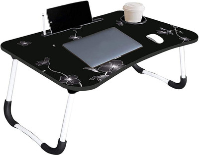 Lalguru Black Flower Printed Laptop Table with Cup Holder, Study Table, Bed Table Wood Portable Laptop Table(Finish Color - Black)