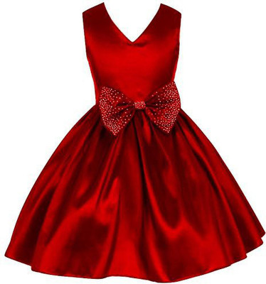 KITTOO Girls Midi/Knee Length Party Dress(Red, Sleeveless)
