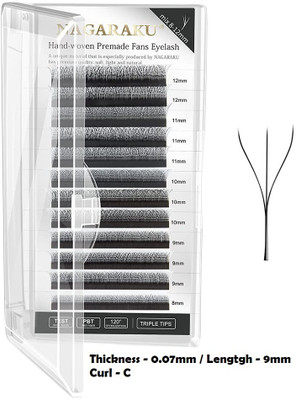 Nagaraku W Eyelash Extension 3D Volume Premade 0.07mm C curl 9mm Faux Mink Matte Black Cluster Easy Fanning yy Eye Lashes (W3D-0.07mm / 9mm - Curl -C)(Pack of 1)