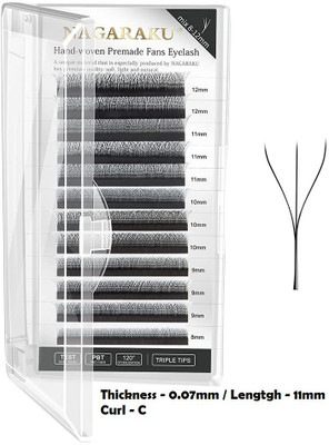 Nagaraku W Eyelash Extension 3D Volume Premade 0.07mm C curl 11mm Faux Mink Matte Black Cluster Easy Fanning yy Eye Lashes (W3D-0.07mm / 11mm - Curl -C)(Pack of 1)