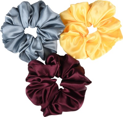 RHYNISH Girls Fancy Satin Silk Big Hair Scrunchies Rubber Band(Maroon, Grey, Yellow)