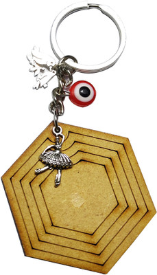 heeva creation Haxagon Shape Mdf Wood keychain With Evil Eye & Oxidised Charm.(Brown) Key Chain