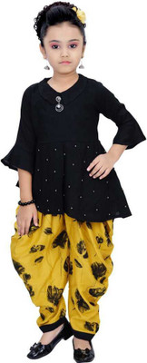 Clobay Girls Party(Festive) Top Dhoti Pant(Yellow, Black)