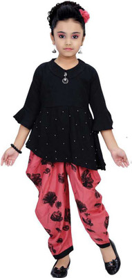 Clobay Girls Party(Festive) Top Dhoti Pant(Coral, Black)