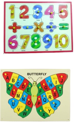DgCrayons Wooden Combo Colorful Alphabet ABC Butterfly Shape And Number Board 1-10 with Mathematical Signs Along With Knobs Puzzle Educational Tray Puzzle Board for Boys, Girls, Kids And Toddler Ages 2+(Multicolor)