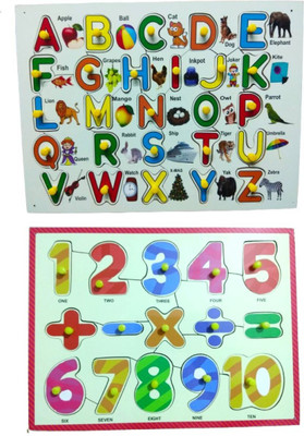 DgCrayons Wooden Combo Alphabet Capital Letter With Picture And Number Board 1-10 with Mathematical Signs Along With Knobs Puzzle for Learning & Educational Gift for Kids Age 2 And Above(Multicolor)