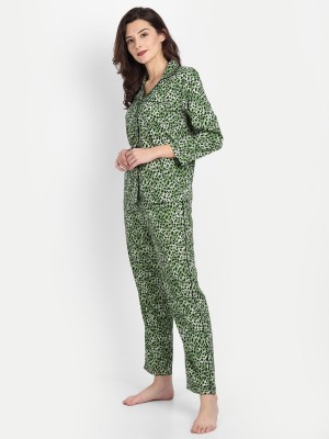 9 impression Women Animal Print Green, Black Shirt & Pyjama set