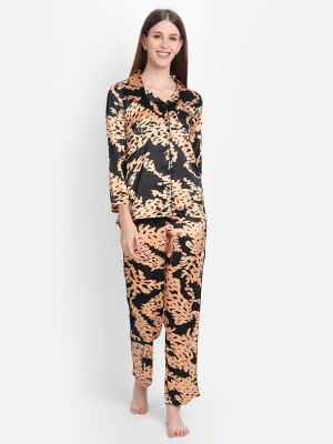 9 impression Women Animal Print Black, Gold Shirt & Pyjama set