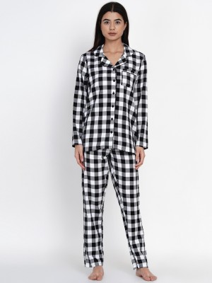 9 impression Women Checkered Black, White Shirt & Pyjama set