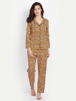 9 impression Women Animal Print Yellow, Black Shirt & Pyjama set