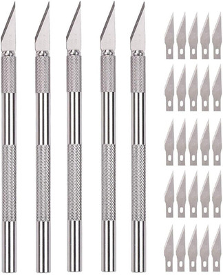 vadda bai Set of 5 Pcs Detail Pen Knife with 25 Interchangeable Sharp Blades Metal Grip Hand-held Paper Cutter(Set Of 30, Silver)