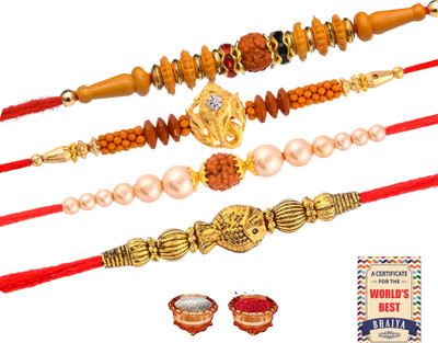 Poorak Thread PK_RK_9420_PACK_4 Assorted Rakhi  Set(4 Rakhi, Kumkum, Chawal)