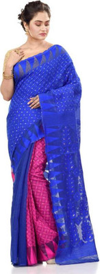 FluteFashion Self Design Jamdani Cotton Blend Saree(Dark Blue)