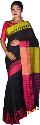 SUSHRITA BOUTIQUE Temple Border Handloom Cotton Blend Saree(Black)