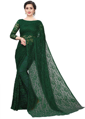 AVANTIKA FASHION Self Design, Embellished, Woven, Dyed, Solid/Plain Bollywood Net, Art Silk Saree(Green)