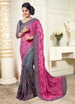 APM Royal Embroidered Bollywood Georgette, Net Saree(Pink)