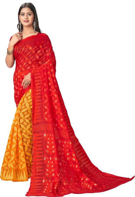 FluteFashion Self Design Jamdani Cotton Blend Saree(Multicolor)