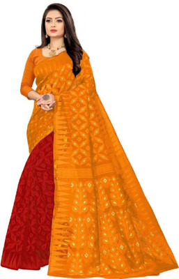 FluteFashion Self Design Jamdani Cotton Blend Saree(Multicolor)