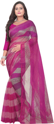 Aruna Sarees Striped Daily Wear Net Saree(Gold, Pink)