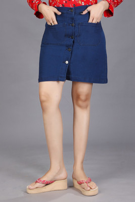 GLAMAXY Solid Women A-line Blue Skirt