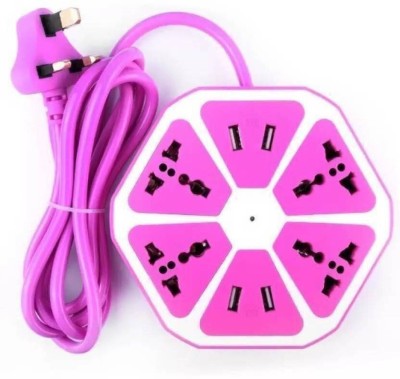 FITUP ™ 10A 220V-50/60Hz Fire Flame Proof Hexagon 4 Socket Outlet Multi Plug Extension Board With 4 USB Port 1.8 m Cord for Home Office 4  Socket Extension Boards(Pink, 1.8 m, With USB Port)