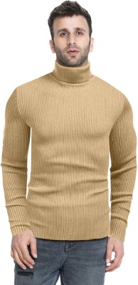 Denimholic Self Design High Neck Casual Men Gold Sweater