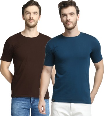 Diwazzo Solid Men Round Neck Light Blue, Brown T-Shirt