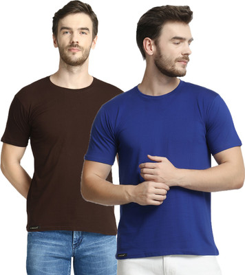 Diwazzo Solid Men Round Neck Brown, Yellow T-Shirt