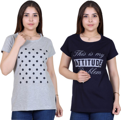 Ogarti Printed Women Round Neck Dark Blue T-Shirt