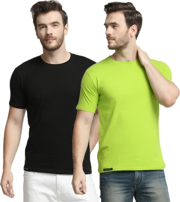 Diwazzo Solid Men Round Neck Black, Light Green T-Shirt