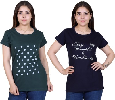 Ogarti Printed Women Round Neck Dark Blue, Dark Green T-Shirt