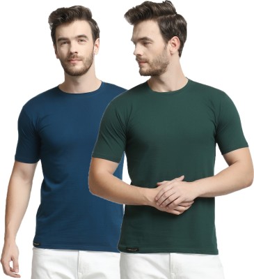Diwazzo Solid Men Round Neck Dark Green, Light Blue T-Shirt