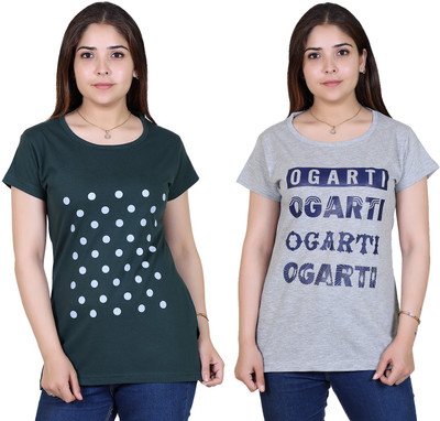 Ogarti Printed Women Round Neck Dark Green, Grey T-Shirt