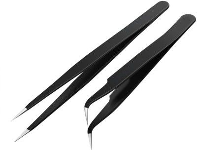 WOWSOME Set of 2 black coated Stainless Steel Straight and Curved Tips Tweezers for Mobile, Gadget, Laptop and Jewelry Repair