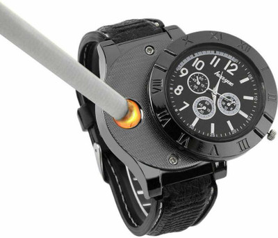 carexo Cigarette Lighter 2 in 1 Electronic Cigarette Lighter Watch with USB Rechageable Cigar Lighter Windpoof Quartz Wrist Watch and Fameless for Men Cigarette Lighter(Black)