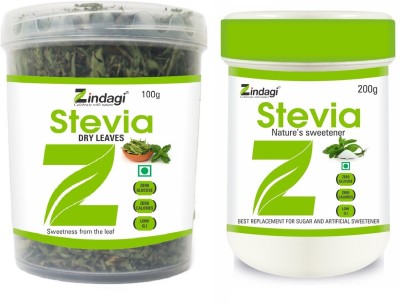 Zindagi Stevia Sugar Powder(200gm)&Dry Leaves(100gm)|Natural Sweetener | Keto Diet Sweetener(300 g, Pack of 2)